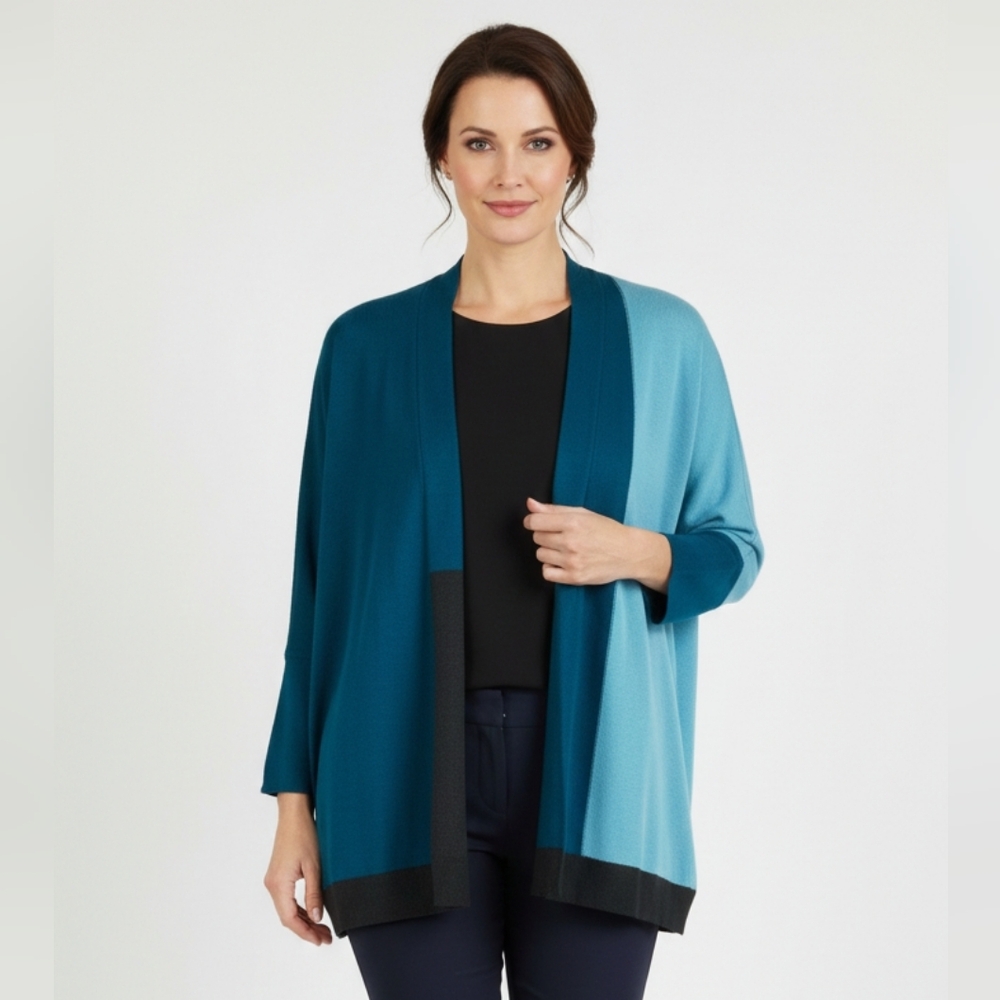 Chico's Women's Colorblock Teal Turquoise and Light Blue Open Cardigan Sweater S